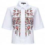 RETRO TURN-DOWN COLLAR HALF SLEEVE EMBROIDERY (WHITE S/M/L)