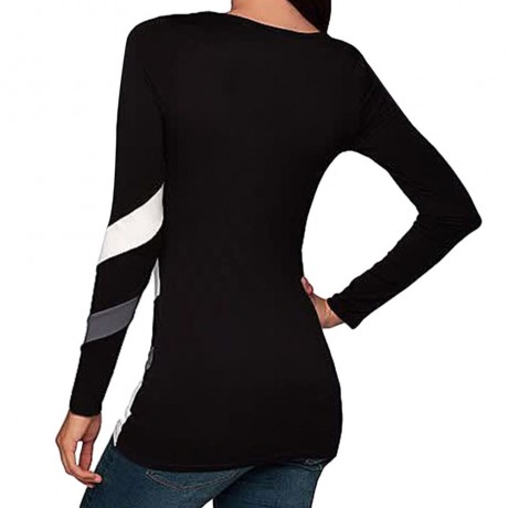 SIMPLE STYLE SCOOP COLLAR COLOR BLOCK T-SHIRT (BLACK S/M/L/XL)