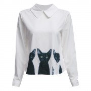 STYLISH TURN-DOWN COLLAR LONG SLEEVE CAT PRINT (WHITE S/MN/L/XL)