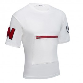 MALE LETTER PRINT EMBROIDERY ZIPPER DESIGN ROUND NECK SHORT SLEEVE SHIRT (WHITE M/L/XL/XXL