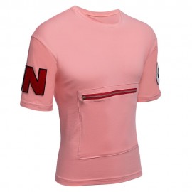 MALE LETTER PRINT EMBROIDERY ZIPPER DESIGN ROUND NECK SHORT SLEEVE SHIRT (PINK M/L/XL/XXL)