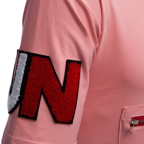MALE LETTER PRINT EMBROIDERY ZIPPER DESIGN ROUND NECK SHORT SLEEVE SHIRT (PINK M/L/XL/XXL)