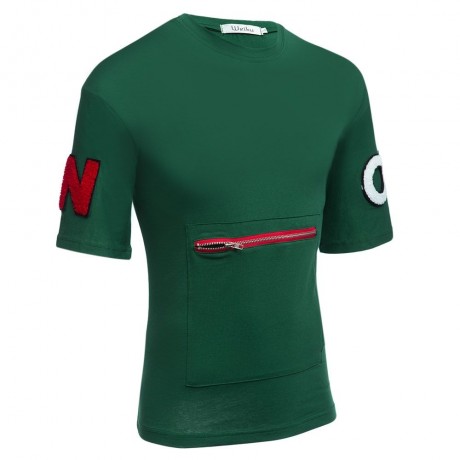 MALE LETTER PRINT EMBROIDERY ZIPPER DESIGN ROUND NECK SHORT SLEEVE SHIRT (GREEN M/L/XL/XXL