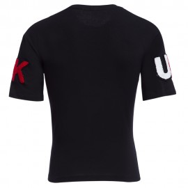 MALE LETTER PRINT EMBROIDERY ZIPPER DESIGN ROUND NECK SHORT SLEEVE SHIRT (BLACK M/L/XL/XXL