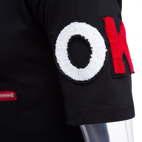 MALE LETTER PRINT EMBROIDERY ZIPPER DESIGN ROUND NECK SHORT SLEEVE SHIRT (BLACK M/L/XL/XXL