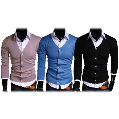 CASUAL PURE COLOR V NECK LONG SLEEVE MALE SLIM FIT KNITWEAR (KHAKI M/L/XL/XXL)