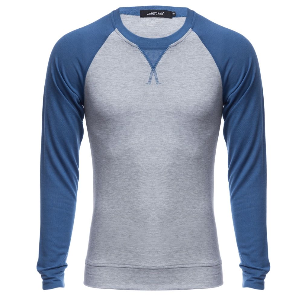 CASUAL PATCHWORK ROUND NECK MALE LONG SLEEVE SHIRT (PURPLISH BLUE M/L/XL/XXL)