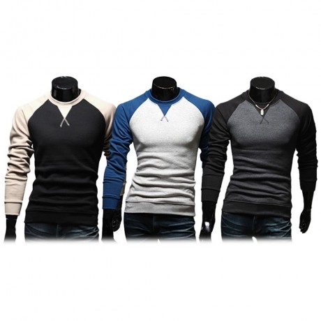 CASUAL PATCHWORK ROUND NECK MALE LONG SLEEVE SHIRT (PURPLISH BLUE M/L/XL/XXL)