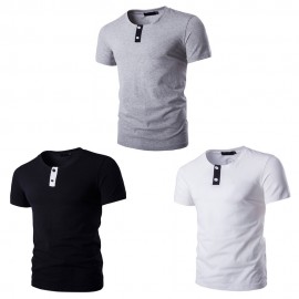 STYLISH PURE COLOR BUTTON DECORATION ROUND NECK MALE SHORT SLEEVE SHIRT (GRAY M/L/XL/XXL)