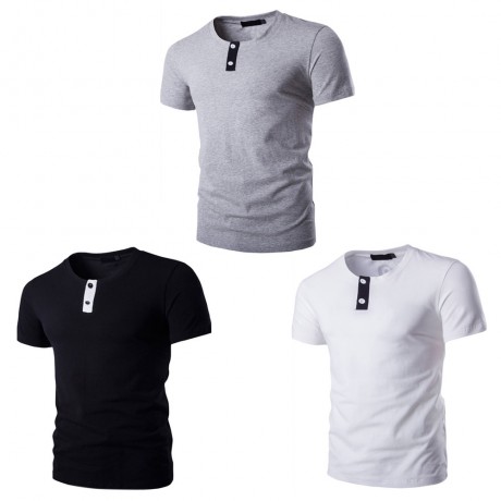 STYLISH PURE COLOR BUTTON DECORATION ROUND NECK MALE SHORT SLEEVE SHIRT (GRAY M/L/XL/XXL)
