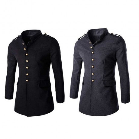 ENGLAND STYLE SOLID COLOR BUTTON DESIGN MALE SLIM FIT WOOL COAT (BLACK L/XL/XXL)