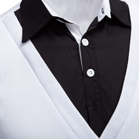 FASHIONABLE FALSE TWO PIECES TURN DOWN COLLAR MALE SHORT SLEEVE SHIRT (WHITE M/L/XL/XXL)