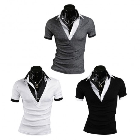 FASHIONABLE FALSE TWO PIECES TURN DOWN COLLAR MALE SHORT SLEEVE SHIRT (WHITE M/L/XL/XXL)
