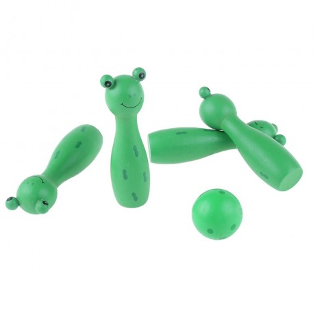 WOODEN MINI CARTOON BOWLING BALL SKITTLE GAME TOY ANIMAL SHAPE (GREEN)