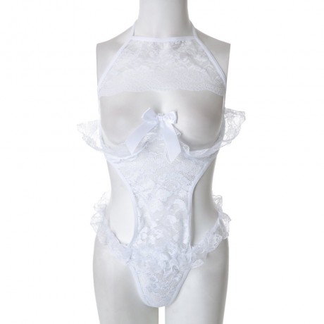 ALLURING SOLID COLOR FLOUNCED CUT OUT LACE WOMEN'S TEDDY (WHITE L/XL/2XL)