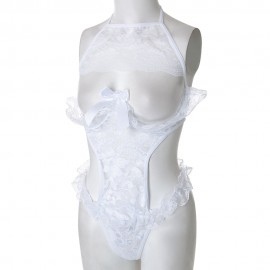 ALLURING SOLID COLOR FLOUNCED CUT OUT LACE WOMEN'S TEDDY (WHITE L/XL/2XL)