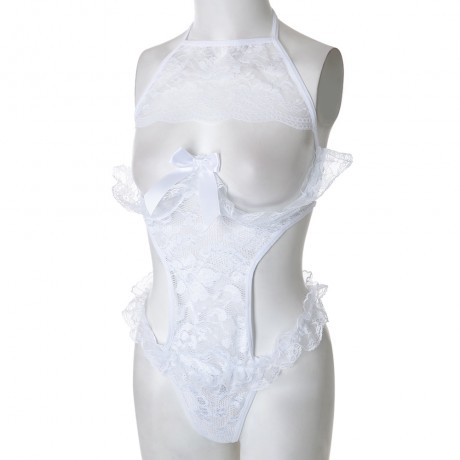ALLURING SOLID COLOR FLOUNCED CUT OUT LACE WOMEN'S TEDDY (WHITE L/XL/2XL)