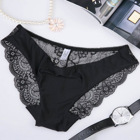 LOW WAIST LACE SPLICED SEE-THROUGH BRIEFS FOR WOMEN (BLACK S/M/L/XL)
