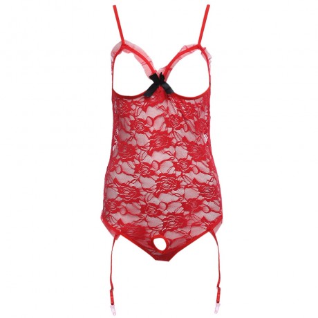 EXPOSED BREASTS OPEN CROCTH HOLLOW OUT LACE DESIGN (RED)