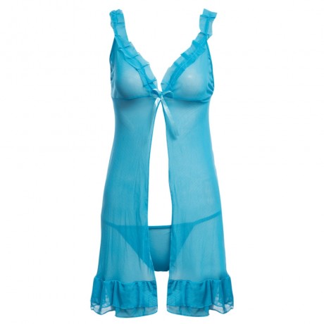 SUSPENDER FRONT SLIT BOWKNOT PERSPECTIVE LACEWORK GAUZE LINGERIE (BLUE)