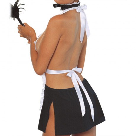 BACKLESS HALTER COLOR BLOCK MAID COSTUME FOR WOMEN (BLACK)