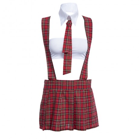 TIE WHITE TUBE TOP LACE-UP   SHORT PLAID PLEATED OVERALL STUDENT COSTUME FOR WOMEN (SIZE S
