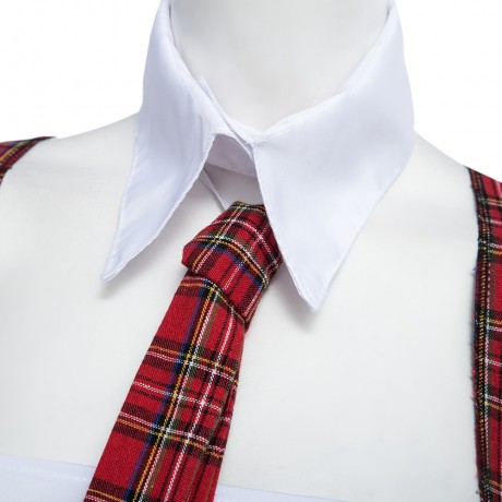 TIE WHITE TUBE TOP LACE-UP   SHORT PLAID PLEATED OVERALL STUDENT COSTUME FOR WOMEN (SIZE S