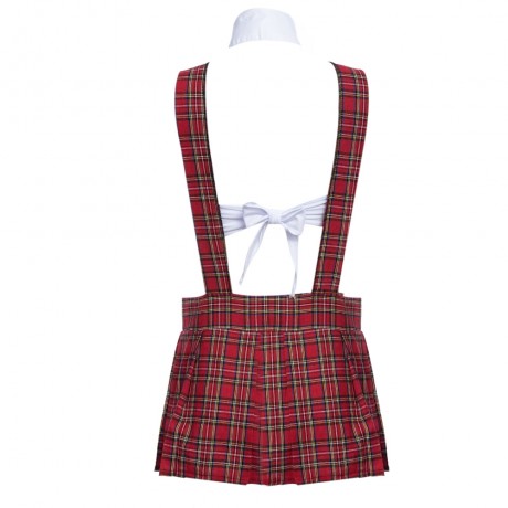 TIE WHITE TUBE TOP LACE-UP   SHORT PLAID PLEATED OVERALL STUDENT COSTUME FOR WOMEN (SIZE S