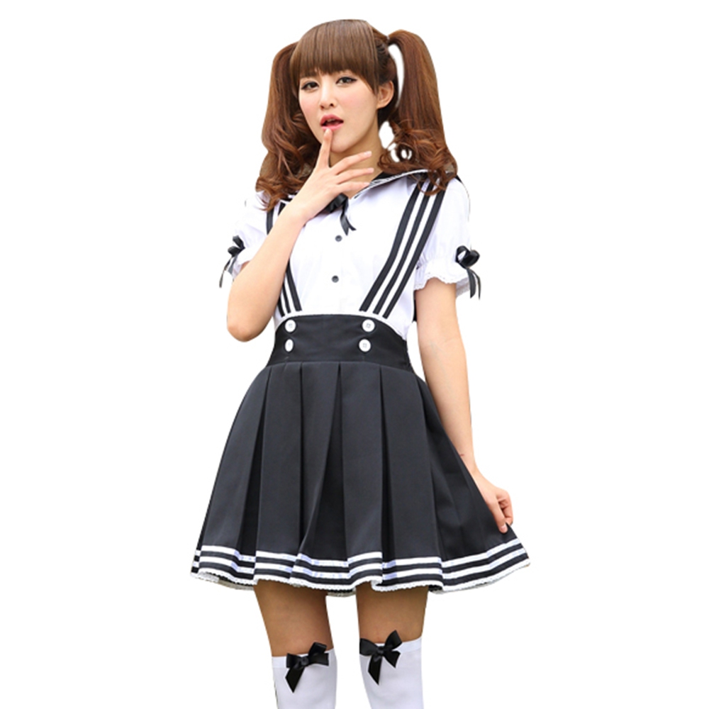 SWEET PETER PAN COLLAR PUFF SLEEVE BLOUSE   A-LINE PLEATED SUSPENDER SKIRT (BLACK S/M/L)