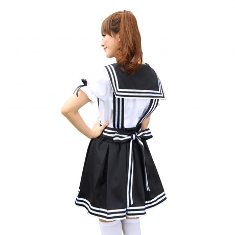 SWEET PETER PAN COLLAR PUFF SLEEVE BLOUSE   A-LINE PLEATED SUSPENDER SKIRT (BLACK S/M/L)