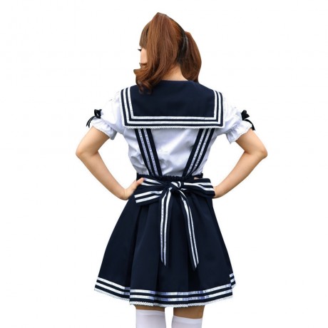 SWEET PETER PAN COLLAR PUFF SLEEVE BLOUSE   A-LINE PLEATED SUSPENDER SKIRT (DEEP BLUE S/M/