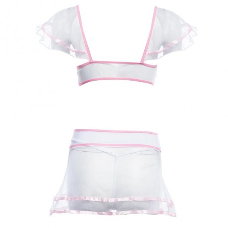 PLUNGING NECK SPAGHETTI STRAP CAP SLEEVE LACE GAUZE PATCHWORK PERSPCTIVE BOWKNOT TOP   ELA