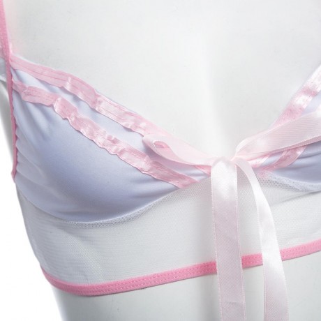 PLUNGING NECK SPAGHETTI STRAP CAP SLEEVE LACE GAUZE PATCHWORK PERSPCTIVE BOWKNOT TOP   ELA