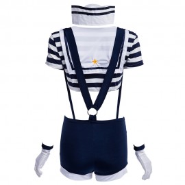CREW NECK SHORT SLEEVE BOWKNOT STRIPE CROP TOP   HIGH WAIST OVERALL SAILOR UNIFORM