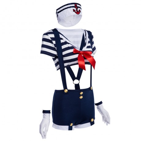 CREW NECK SHORT SLEEVE BOWKNOT STRIPE CROP TOP   HIGH WAIST OVERALL SAILOR UNIFORM