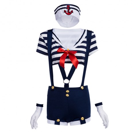 CREW NECK SHORT SLEEVE BOWKNOT STRIPE CROP TOP   HIGH WAIST OVERALL SAILOR UNIFORM