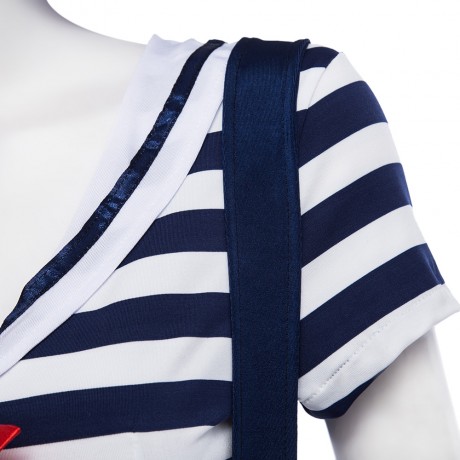 CREW NECK SHORT SLEEVE BOWKNOT STRIPE CROP TOP   HIGH WAIST OVERALL SAILOR UNIFORM