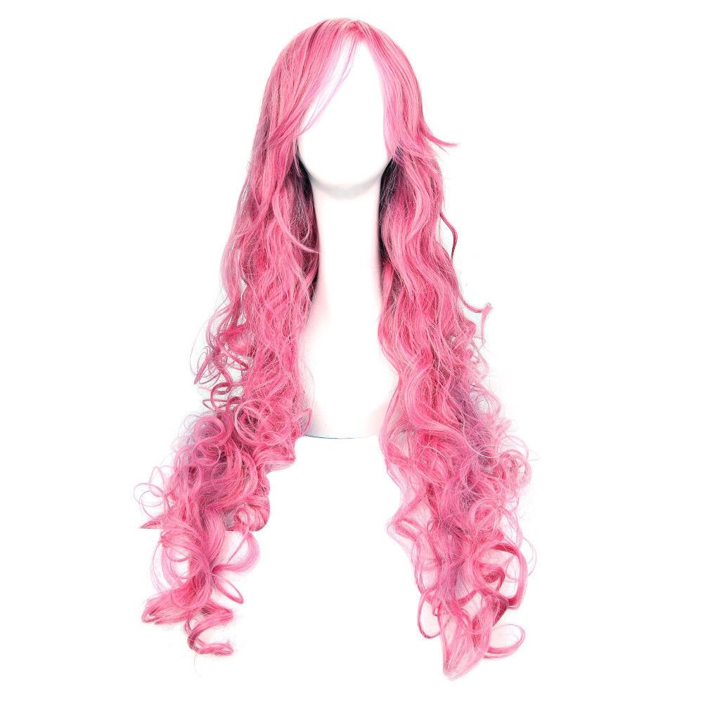 WOMEN ANIME LONG PINK CURLY WIGS WITH PONYTAIL COSPLAY PARTY
