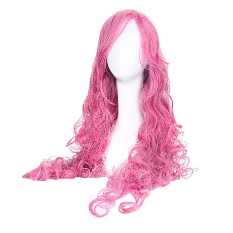WOMEN ANIME LONG PINK CURLY WIGS WITH PONYTAIL COSPLAY PARTY