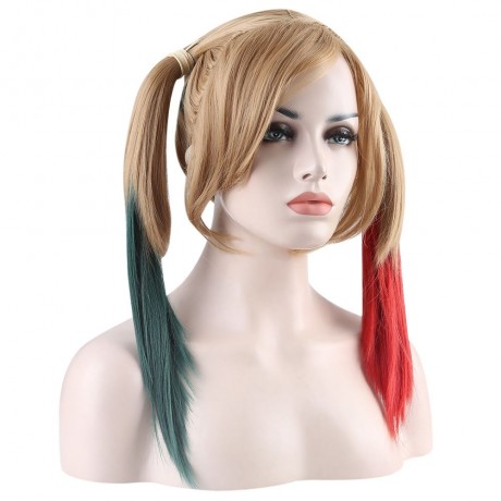 MEDIUM STRAIGHT MIXED COLORS GREEN RED WIGS WITH DOUBLE PONYTAILS COSTUME COSPLAY FOR JOKE