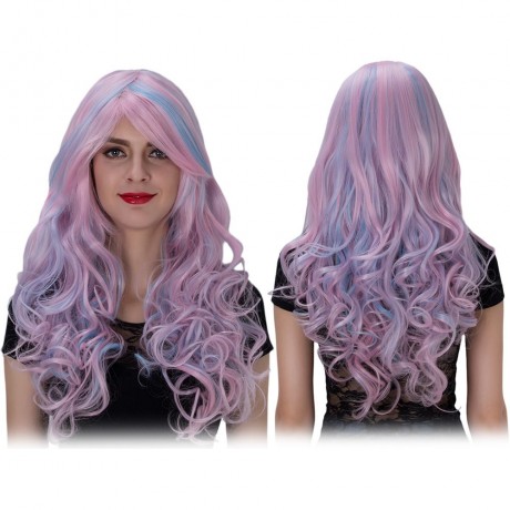 HARAJUKU OMBRE LONG WAVY SIDE BANGS MIXED COLORS SYNTHETIC WIGS (BLUE AND PINK)