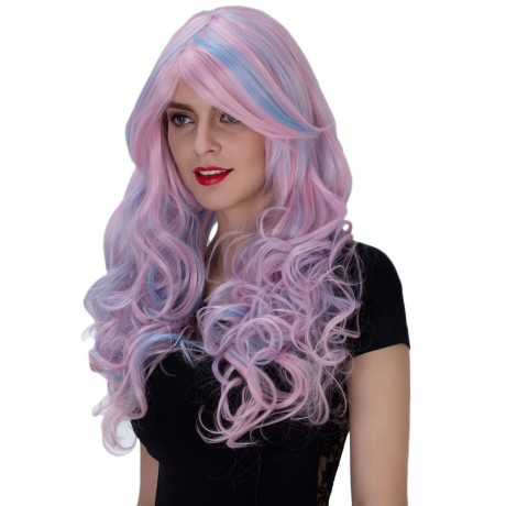 HARAJUKU OMBRE LONG WAVY SIDE BANGS MIXED COLORS SYNTHETIC WIGS (BLUE AND PINK)