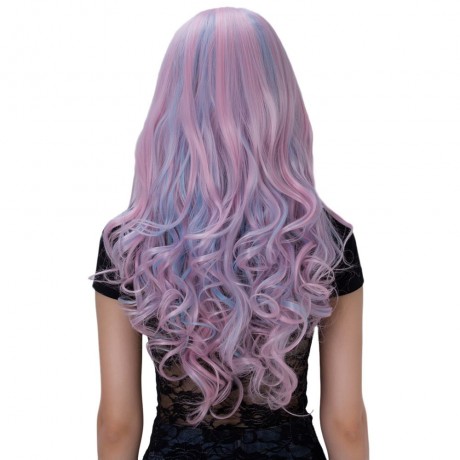 HARAJUKU OMBRE LONG WAVY SIDE BANGS MIXED COLORS SYNTHETIC WIGS (BLUE AND PINK)