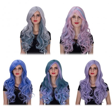 HARAJUKU OMBRE LONG WAVY SIDE BANGS MIXED COLORS SYNTHETIC WIGS (BLUE AND PINK)