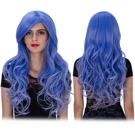 HARAJUKU OMBRE LONG WAVY SIDE BANGS MIXED COLORS SYNTHETIC WIGS (ROYAL BLUE)
