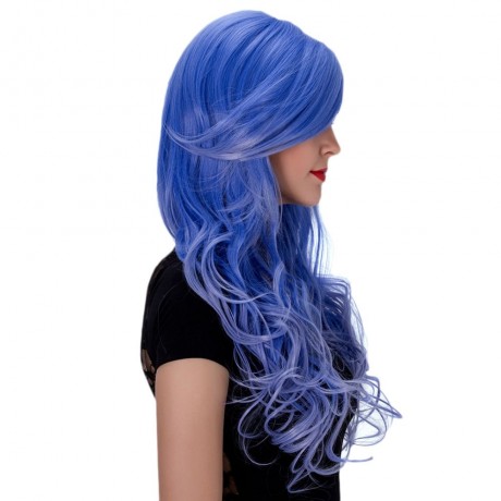 HARAJUKU OMBRE LONG WAVY SIDE BANGS MIXED COLORS SYNTHETIC WIGS (ROYAL BLUE)