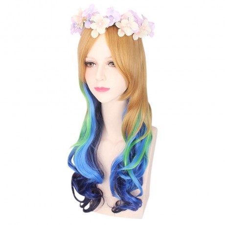 HARAJUKU COSPLAY MIXED COLORS LONG WAVY SYNTHETIC WIG WITH BANGS WREATH FOR WOMEN (COLORMI