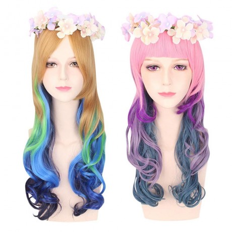 HARAJUKU COSPLAY MIXED COLORS LONG WAVY SYNTHETIC WIG WITH BANGS WREATH FOR WOMEN (COLORFU