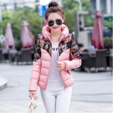 FASHION SLIM PRINTING PATTERN PACKETS DECORATION SHORT COTTON DOWN JACKET COAT FOR WOMEN (