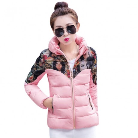 FASHION SLIM PRINTING PATTERN PACKETS DECORATION SHORT COTTON DOWN JACKET COAT FOR WOMEN (